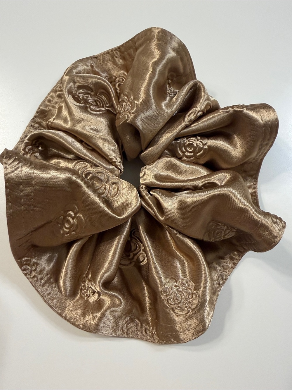 Satin Embroidered Hair Scrunchie in Bronze